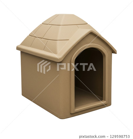 Durable beige plastic dog house with a weather-resistant design for outdoor pet comfort 129598753