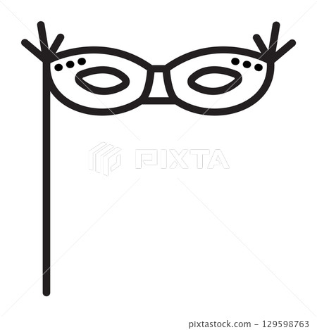 Cute eye masquerade mask with a stick, vector black line icon Cute eye masquerade mask with a stick, vector black line icon 129598763