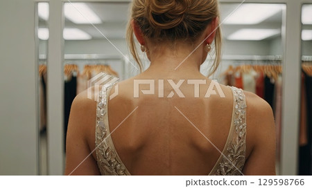 Glamorous back view of a woman in an evening dress, standing in a stylish dressing room with vanity lights. Fashion, femininity, and modern elegance. 129598766