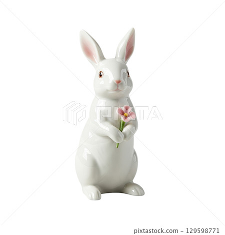 Charming white ceramic rabbit figurine holding a delicate pink flower, perfect for easter decor 129598771