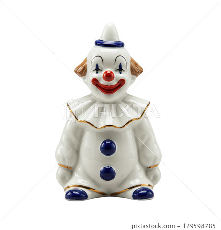Vintage white porcelain clown figurine with a happy smiling face and blue costume details 129598785