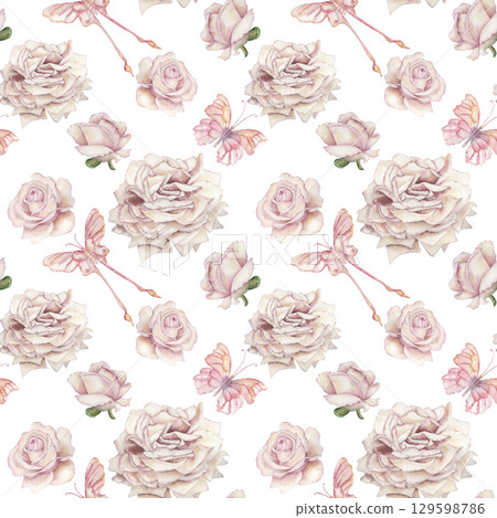 Seamless pattern with gently pink roses, butterflies. The watercolor illustration with flowers and insects is manually painted in pastel, light shades, in a botanical style. For postcards, wedding 129598786