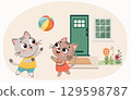happy adorable two cats playing with ball 129598787
