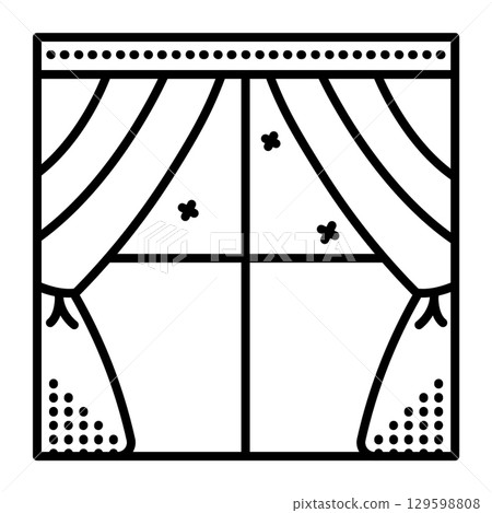 Window with curtains front view, single vector black line illustration, outline monochrome sign Window with curtains front view, single vector black line illustration, outline monochrome sign 129598808