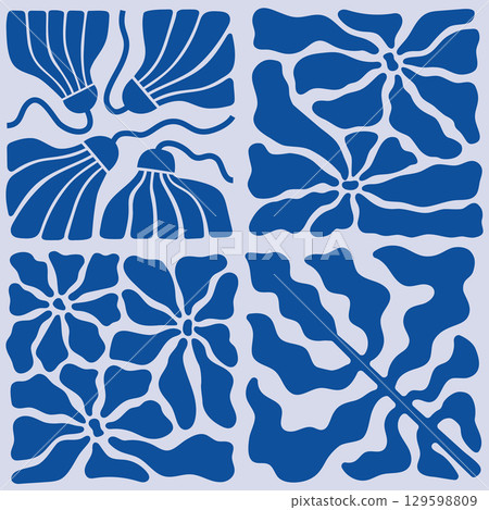 Bold abstract blue flowers tile, leaves minimal posters set. Organic doodle shapes in trendy naive retro style. Contemporary botanical blue color vector seamless background. Bold abstract blue flowers tile, leaves minimal posters set. Organic doodle shapes in trendy naive retro style. Contemporary botanical blue color vector seamless background. 129598809