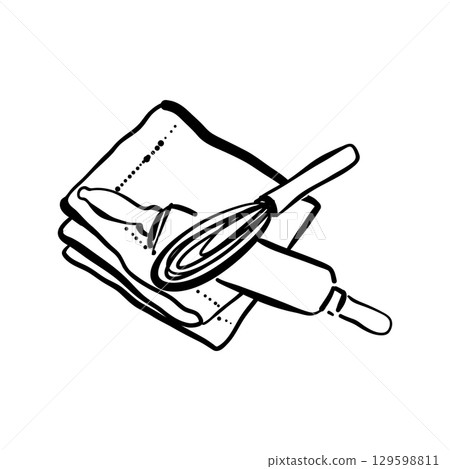 Hand drawn doodle illustration of a rolling pin and a whisk lying on a towel. Simple kitchen tools sketch with clean lines. Cozy cooking scene in vector style. 129598811