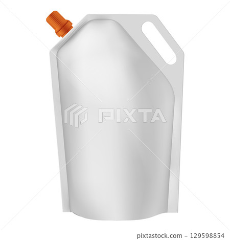 Pouch up bag mockup with orange spout lid on the corner and handle, vector realistic 3D foil doy-pack products package 129598854