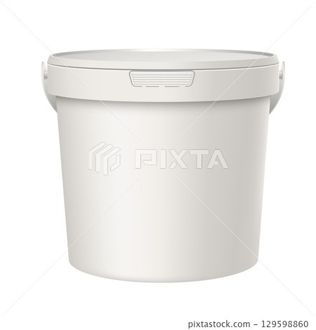 Realistic plastic container bucket with lid and handle for ice cream, jam and other products vector package 3D mock up 129598860