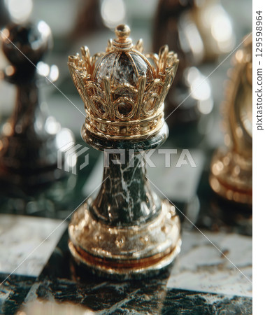 Exquisite chess piece resting on a marble chessboard in a minimalist flat lay composition Exquisite chess piece resting on a marble chessboard in a minimalist flat lay composition 129598964