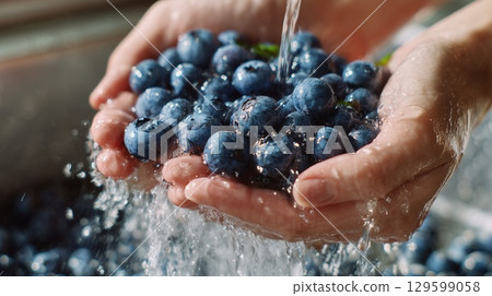 Close-up of chef's hands rinsing blueberries under tap water, ensuring hygiene and freshness in food preparation 129599058