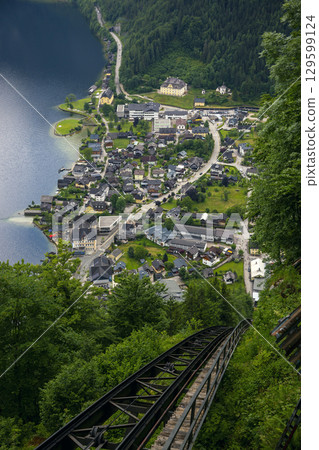 Hallstatt, Austria - June 17, 2023: View of the city of Hallstatt and Lake Hallstattersee from a mountain in Austria 129599124