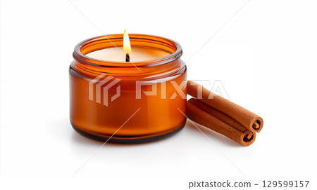 A lit, cinnamon-scented candle in an amber glass jar, a concept for a cozy hygge lifestyle and aromatherapy 129599157