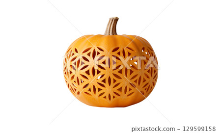 An intricately carved pumpkin with a modern geometric floral pattern, isolated on a transparent background 129599158