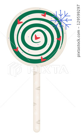 Round lollipop on a stick, circular candy with a green swirl, winter caramel with a spiral and snowflake, groovy colorful vector illustration Round lollipop on a stick, circular candy with a green swirl, winter caramel with a spiral and snowflake, groovy colorful vector illustration 129599297