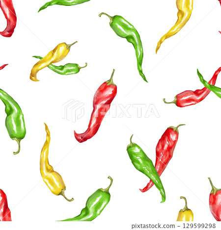 Hand-drawn seamless pattern with red, yellow, and green chili peppers in a watercolor style on a white background. Perfect for spicy food packaging, kitchen decor, or fabric Hand-drawn seamless pattern with red, yellow, and green chili peppers in a watercolor style on a white background. Perfect for spicy food packaging, kitchen decor, or fabric 129599298