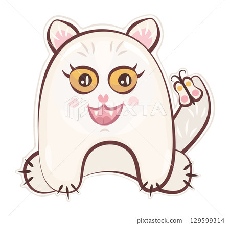 Cute groovy monster sticker, white cat playing with a butterfly, vector character, hippy and trippy avatar, trendy funky illustration Cute groovy monster sticker, white cat playing with a butterfly, vector character, hippy and trippy avatar, trendy funky illustration 129599314