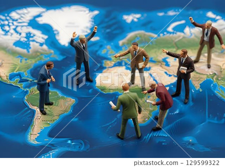 World leaders figurines partly submerged on global map discussing climate change representing rising sea levels and delayed environmental action 129599322