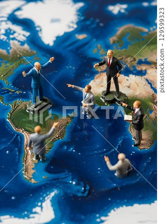 World leaders figurines partly submerged on global map discussing climate change representing rising sea levels and delayed environmental action 129599323