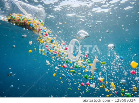 Large amount of floating plastic waste and debris in ocean sunlight filtering through water showing marine pollution and environmental crisis 129599324