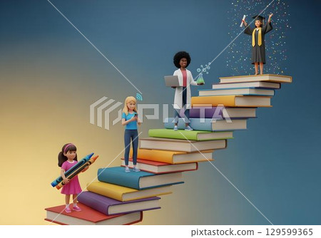 Concept of education journey with students and professionals climbing stacked books toward graduation symbolizing learning growth and achievement 129599365