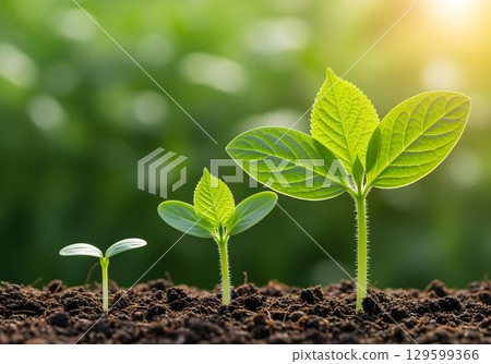 Three young plants at different growth stages in soil with sunlight symbolizing development progress and natural life cycle 129599366