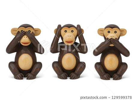 Dark wooden three wise monkeys with calm faces in see no evil hear no evil speak no evil pose referencing Nikko monkeys isolated on white 129599378