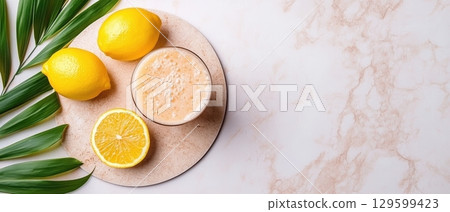 Refreshing lemon smoothie in a glass on a beige plate with whole and sliced lemons and palm leaves. Horizontal banner with copy space for text, poster, free space 129599423