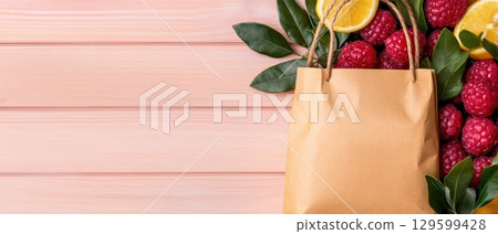 A brown paper bag with raspberries and lemon slices on a pink wooden background. Horizontal banner with copy space for text, poster, free space 129599428