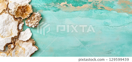 A textured teal background with beige and white coral-like formations on the left side provides a beautiful backdrop. Horizontal banner with copy space for text, poster, free space 129599439