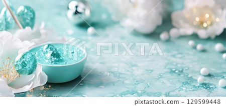A teal bowl filled with shimmering gel rests on a textured surface, accented by white blossoms and iridescent spheres. The horizontal image offers ample space for text 129599448