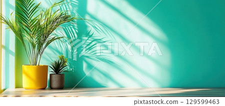 Two potted plants with vibrant green leaves sit on a wooden surface against a teal wall, bathed in sunlight casting shadows. Horizontal banner with copy space for text, poster, free space 129599463
