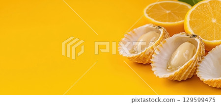 Three fresh scallops in their shells are arranged on a vibrant yellow background with lemon slices. Horizontal banner with copy space for text, poster, free space 129599475