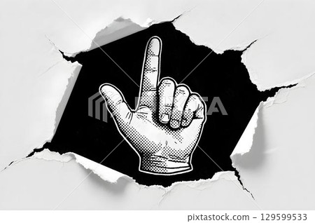 Torn paper revealing halftone hand showing number one gesture symbolizing leadership priority victory and excellence in pop art style 129599533
