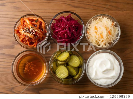 Bowls of fermented foods including kimchi beetroot sauerkraut pickles yogurt and vinegar on wooden table supporting probiotics gut health and immune function 129599559