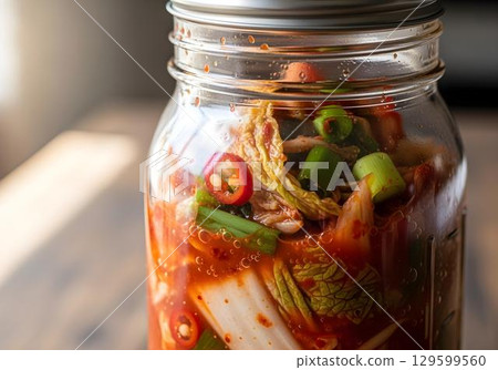 Glass jar of fresh kimchi with napa cabbage garlic scallions and chili paste showing probiotic rich fermented vegetables for digestion and immune health Glass jar of fresh kimchi with napa cabbage garlic scallions and chili paste showing probiotic rich fermented vegetables for digestion and immune health 129599560
