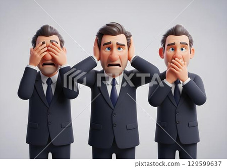 3D illustration of businessmen in formal suits acting out see no evil hear no evil speak no evil symbolizing ethics and communication in business 129599637