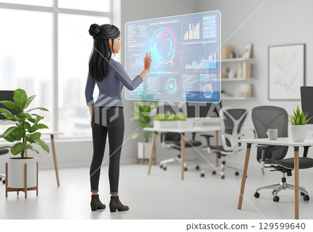 3D illustration of businesswoman using futuristic virtual screen with data analytics in modern office 129599640