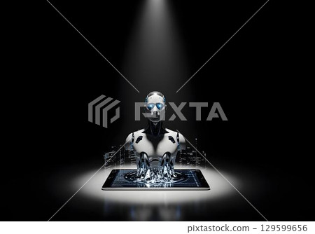 Futuristic humanoid robot with glowing blue eyes emerging from holographic platform, representing AI AGI ASI artificial intelligence technology in photorealistic style Futuristic humanoid robot with glowing blue eyes emerging from holographic platform, representing AI AGI ASI artificial intelligence technology in photorealistic style 129599656