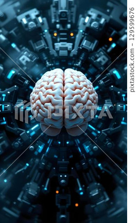 Human brain in circular high tech chamber with glowing lights, conceptual AI brain computer interface and advanced artificial neural intelligence core 129599676