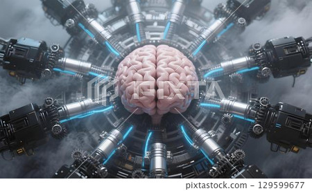 Human brain surrounded by robotic arms with blue glowing beams, conceptual AI brain computer interface and advanced machine neural integration 129599677