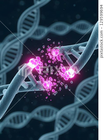 White DNA helix breaking with bright pink crystal shards on blue background, conceptual CRISPR genome editing, mutation and futuristic biotechnology illustration 129599694