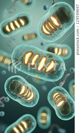 Cluster of translucent mitochondria with glowing yellow cores and detailed inner folds, conceptual ATP energy production and metabolic function illustration 129599697