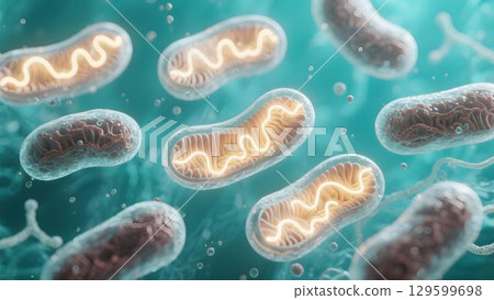 Cluster of translucent mitochondria with glowing yellow cores and detailed inner folds, conceptual ATP energy production and metabolic function illustration 129599698