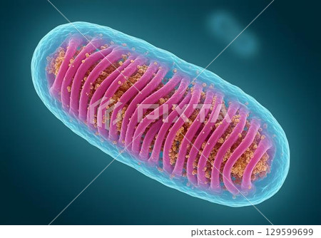 Detailed mitochondrion cross section with pink cristae and golden matrix particles, conceptual energy production, ATP synthesis and cellular biology illustration 129599699