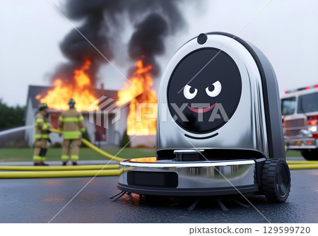 Smiling robot vacuum with mischievous face in foreground while house burns in background firefighters working concept of AI malfunction and danger disaster girl meme style 129599720
