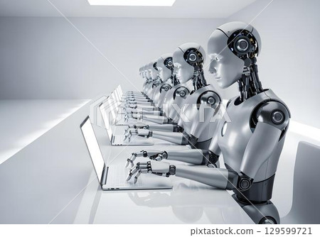 Row of identical humanoid robots typing on laptops in bright office concept of AI automation and corporate robotics workforce 129599721