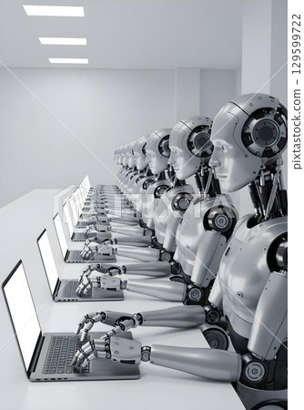 Humanoid robots at laptops in minimal white room concept of AI data processing and synchronized automation 129599722