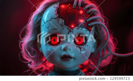 Creepy cracked porcelain doll with glowing red cybernetic eyes and implanted microchip connected to multiple cables symbolizing dark AI control and machine dominance 129599723