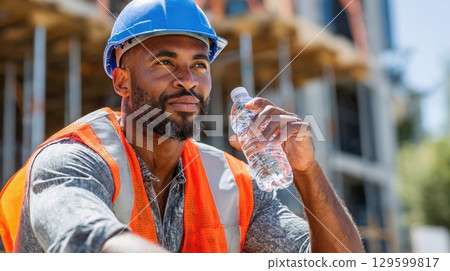 A construction worker takes a refreshing water break, enjoying a moment of respite on a sunny construction site A construction worker takes a refreshing water break, enjoying a moment of respite on a sunny construction site 129599817