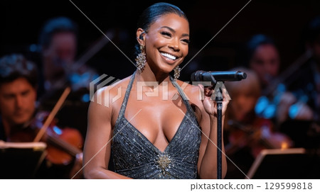 Elegant singer performs beautifully on stage, captivating the audience with her powerful voice and radiant smile 129599818